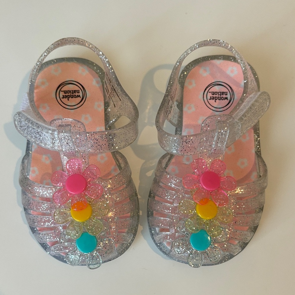 Wonder Nation Sparkle Jelly Sandals with Colorful Flowers